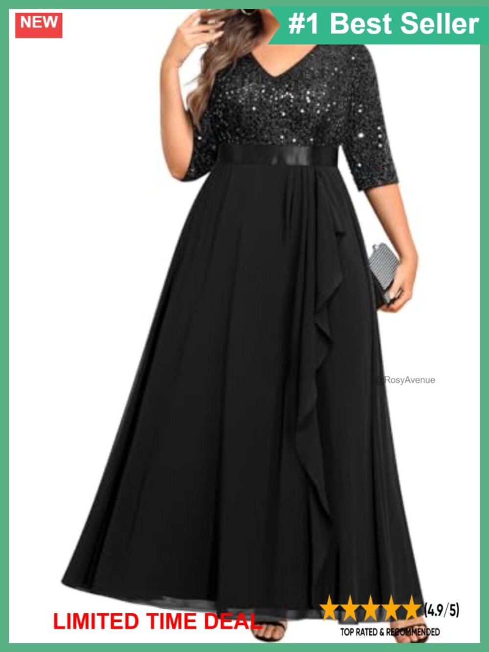 Plus Size Sequin Chiffon V-Neck Ruffle Maxi Formal Evening Gown